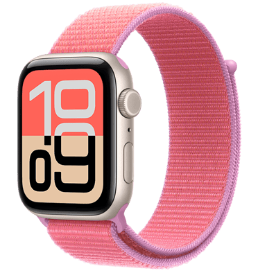Apple Watch SE 3, aluminium case, starlight colour, Flux watch face, right side exterior, Digital Crown, microphone, side button, Sport Loop band, bright guava colour (hot pink with lavender edging), hook-and-loop fastener