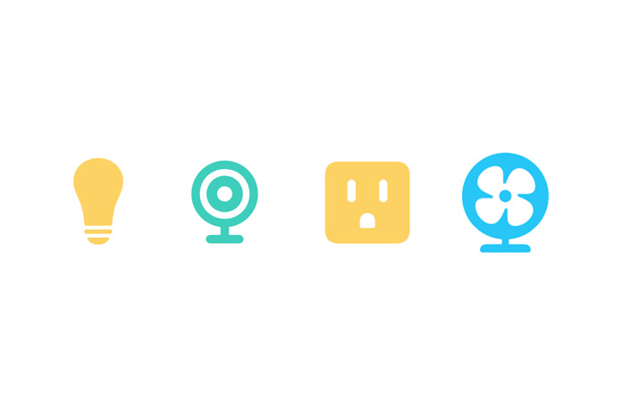 Smart home accessory icons: Includes icons such as lock, camera, fan, outlet, light bulb, door bell