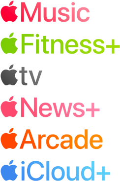 Apple subscription services logotypes including Apple Music, Fitness+, Apple TV+, Apple News+, Apple Arcade, iCloud+