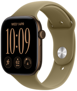 Apple Watch Series 12, алуминиев корпус, цвят тъмен бронз, дясна външна страна, циферблат Digital Crown, микрофон, страничен бутон, свързан със спортна каишка, цвят маслина (земно зелен), закопчалка (закопчалка в сребърно)