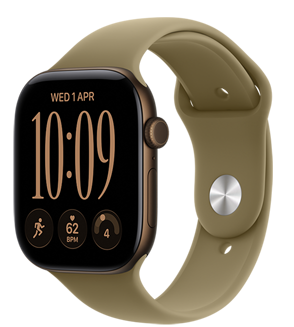 Apple Watch Series 12, алуминиев корпус, цвят тъмен бронз, компактен персонализиран циферблат, компликации: ден и дата, тренировка Бягане, сърдечна честота, готовност, външна дясна страна, Digital Crown, страничен бутон, каишка Sport Band в маслинен цвят