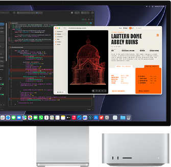 Studio Display XDR, екранът показва документ в процес в Claude Agent в XCode, Mac Studio, изглед отпред