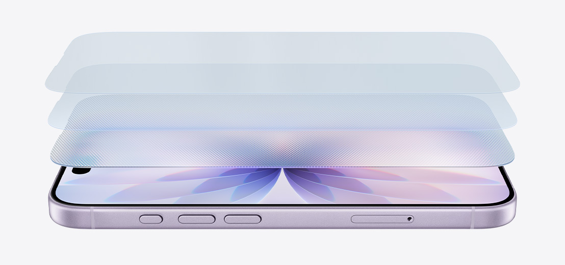 Imagem horizontal do iPhone 17 lavanda, com design em camadas que mostra o Ceramic Shield 2.