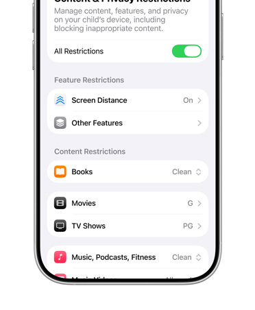 iPhone displaying content and privacy restrictions options for Child Account.