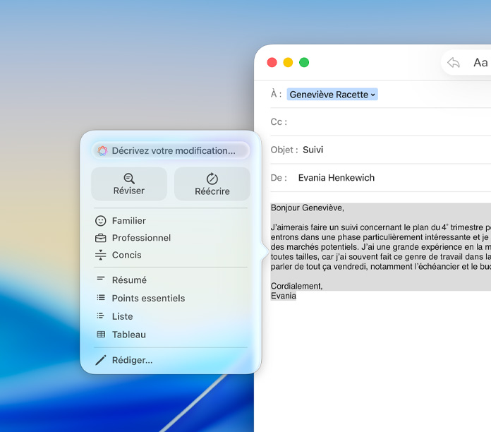 Panneau des outils d’écriture Apple Intelligence dans l’app Mail; affiche des options permettant de réviser, réécrire et adapter le ton