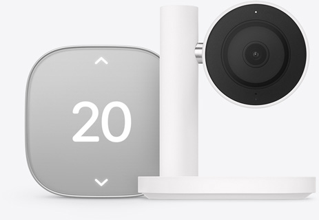 Thermostat intelligent Apple Home Collection, couleur argent, affichant une température de 20 degrés Celsius, caméra intelligente Apple Home Collection, objectif noir et support sur pied blanc