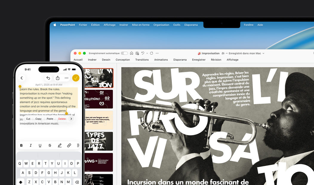iPhone 16 Plus montrant du texte en surbrillance dans l’app Notes, MacBook Pro affichant une diapositive PowerPoint, le texte de l’app Notes est visible sur la diapositive
