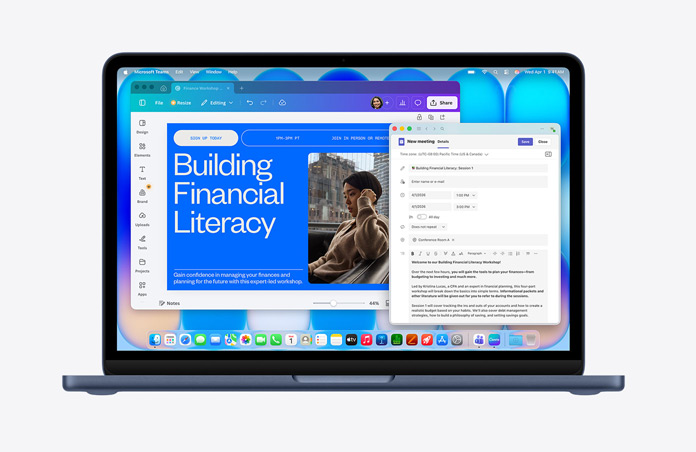 MacBook Neo in Mitternacht, das Display zeigt eine Webseite mit dem Titel „Building Financial Literacy“ mit dem Bild einer Person, ein E-Mail Entwurf ist geöffnet, die Menüleiste mit verschiedenen Symbolen, unten das Dock mit App Symbolen