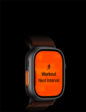 Apple Watch Ultra 4, titaanist korpus, must, jooksutreening, järgmine intervall, vasaku külje vaade, oranž Action-nupp, Alpine Loopi rihm