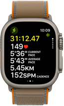 Apple Watch Ultra 4, titaanist korpus, naturaalne toon, täiustatud õuejooksu treeningu näitajad, parema külje vaade, Digital Crown, kõrgem külgnupp, Trail Loopi rihm, liivakarva