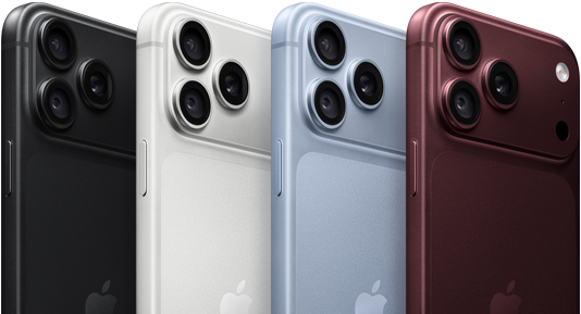 iPhone 18 Pro seadmed reas, tagakülg, kõik neli värvitooni: must, liustik, hõbe, burgundiapunane, Pro Fusion kaamerasüsteem vasakus ülanurgas, 3 objektiivi, mikrofon, välk