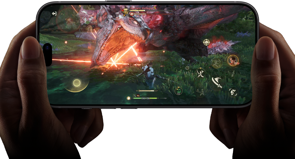 iPhone 18 Pro, esikülg, A20 Pro kiibi jõudlusvõimekust näidatakse kaadriga mängust „Monster Hunter Outlanders“