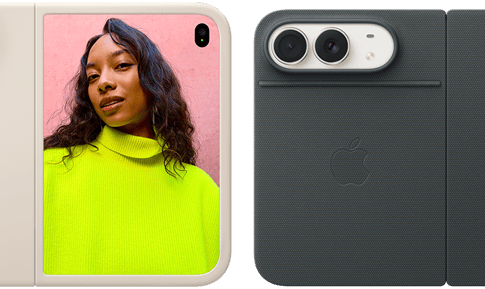 iPhone Duo, toonis tähesära, liivakarva silikoonümbrises, horisontaalpaigutus, täielikult avatud horisontaalselt, Dual Fusion kaamerad ülal vasakul, ümbrisega kaetud tagakülg ja esiekraani välisserv, paremal küljel on välisel ekraanil inimese portree. iPhone Duo, toonis tähesära, täielikult avatud horisontaalselt, tumesinine Folio koos tugijalaga, täielikult avatud horisontaalselt, tagakülg 48MP Dual Fusion tagakaameratega, kaks objektiivi