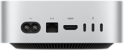 Mac mini, tagakülg, toitepesa, Etherneti-liides, HDMI-liides, kolm Thunderbolt-liidest