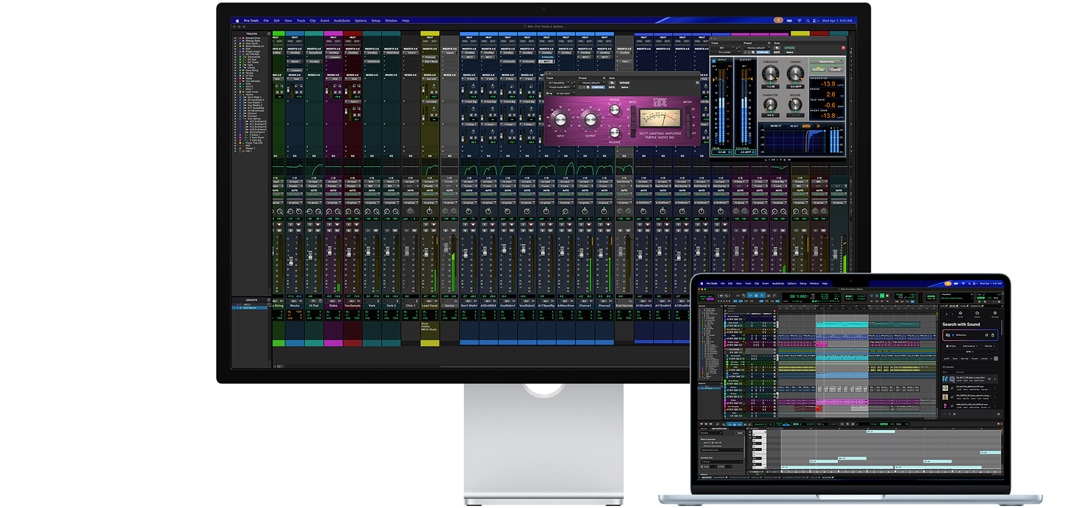 Studio Display ja Maci sülearvuti näitamas Pro Toolsi sessiooni Splice'i integratsiooniga, nanotekstuuriga klaas aitab vähendada peegeldust tumedal programmiekraanil