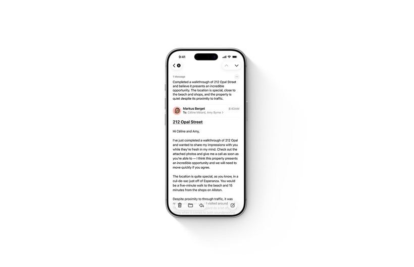 Drei iPhone Geräte zeigen Apple Intelligence: Voicemail zusammenfassen, Notizen und Anrufe aufnehmen und zusammenfassen und E‑Mails zusammenfassen