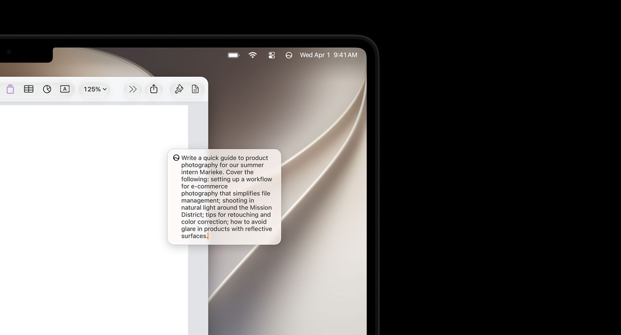 Coin supérieur gauche d’un iPad, écran affichant un document Pages ouvert, invite Écrire avec Siri pour rédiger un brouillon