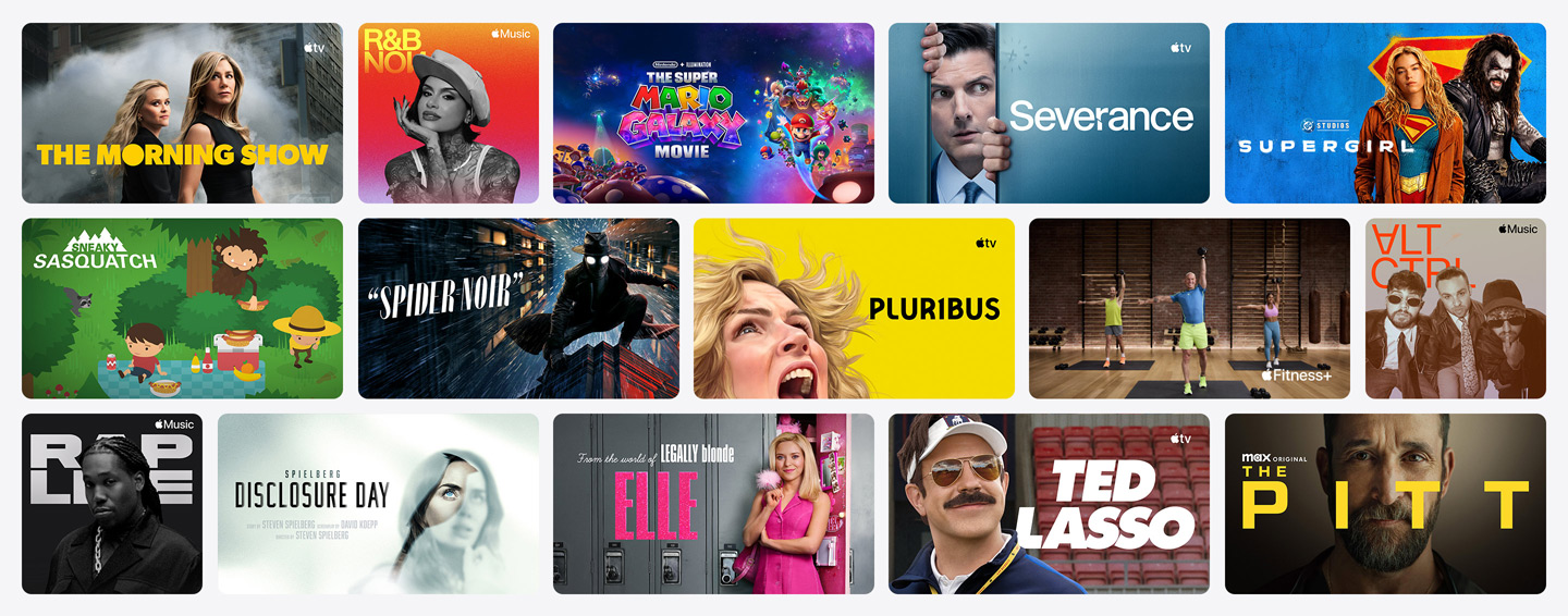 Rutnät med affischer från Apple TV, Apple Music, Apple Fitness+, Apple Arcade och samarbetspartner
