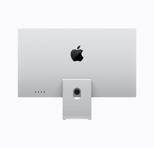 Apple Studio Display met kantelbare standaard, zilverkleurig, buitenkant van de achterkant, glanzend zwart Apple logo gecentreerd