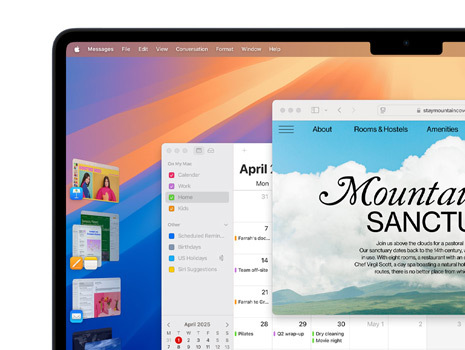 Mehrere Fenster und Apps werden auf einem Display angezeigt, darunter Keynote, Pages, Mail und eine Website mit Inhalten über einen idyllischen Rückzugsort.