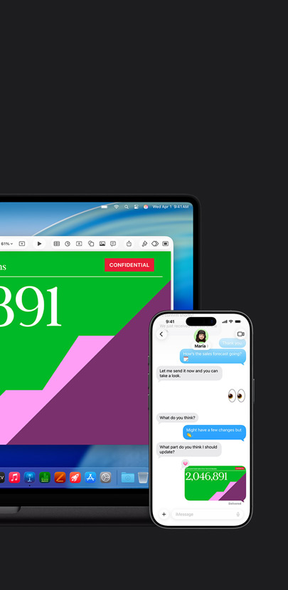 Een Mac met een presentatie en macOS Tahoe-achtergrond. Voor de Mac staat een iPhone met dezelfde presentatie in een gesprek in Berichten.