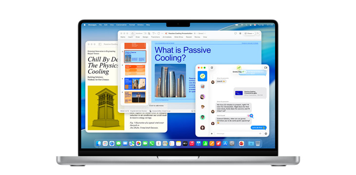 Demonstrasjon av apper som Microsoft PowerPoint, Meldinger og Pages på en 14-tommers MacBook Pro.