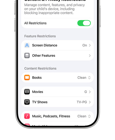 Ein iPhone zeigt Inhalte und Optionen für Beschränkungen der Privatsphäre für Kinderaccounts an.
