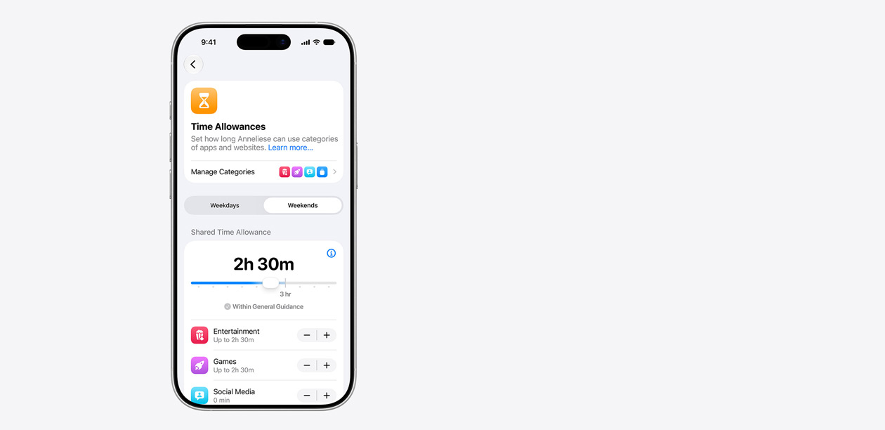 Ein iPhone zeigt die Benutzeroberfläche für die Zeitfreigabe an, einschliesslich einer geteilten Zeitfreigabe von zwei Stunden und 30 Minuten und vorgeschlagenen Zeitfreigaben für App Kategorien wie Unterhaltung, Spiele und soziale Medien.