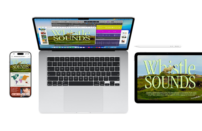 Un Mac, un iPhone et un iPad affichent le même projet Whistle Sounds sur tous les écrans, montrant la synergie parfaite entre les appareils Apple