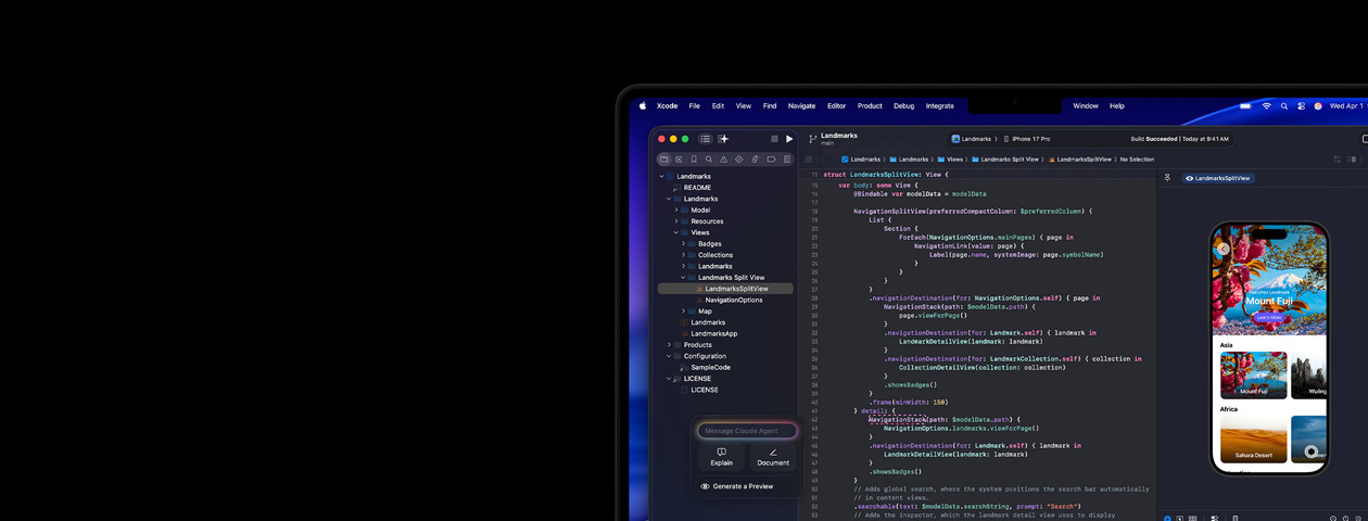 Xcode kjøres på en Mac. KI-kodingsassistent Claude Agent og en forhåndsvisning av iPhone-appen vises på skjermen.