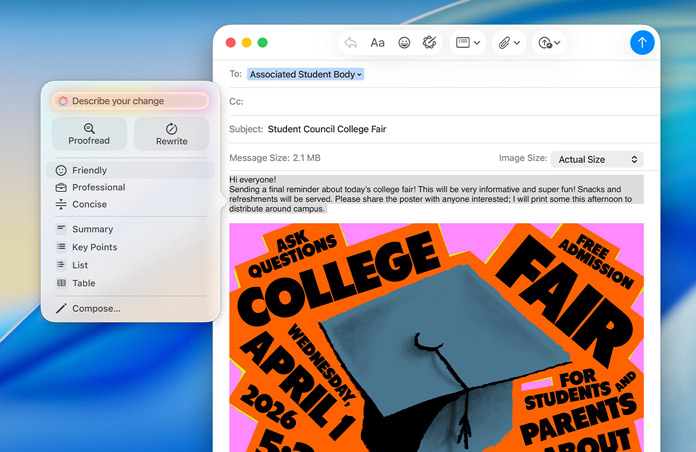 En e-post om en studiemesse vises i Mail på Mac. Apple Intelligence-funksjonen Skriveverktøy er åpen, og det vises alternativer for å korrekturlese eller endre tonen i teksten.