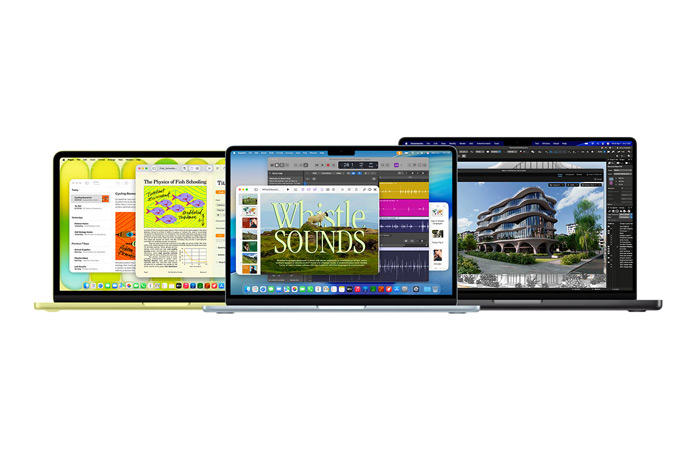 MacBook Neo i fargen sitrus, MacBook Air i fargen sølv og MacBook Pro i fargen stellarsvart viser forskjellen i ytelse mellom Macene.