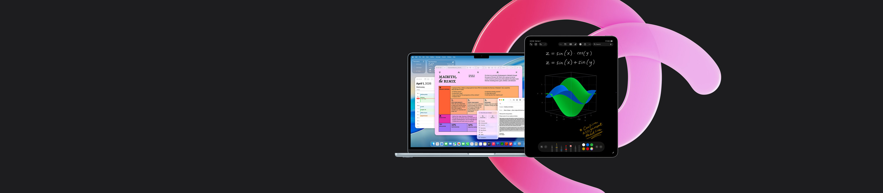 MacBook Air viser Pages, Kalender, Varsling og Mail. Ved siden av viser en iPad håndskrevne ligninger i Mattenotater, noe som er et eksempel på produktivitet med innebygde apper.