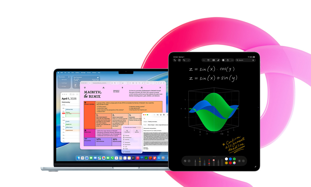 MacBook Air viser Pages, Kalender, Varsling og Mail. Ved siden av viser en iPad håndskrevne ligninger i Mattenotater, noe som er et eksempel på produktivitet med innebygde apper.