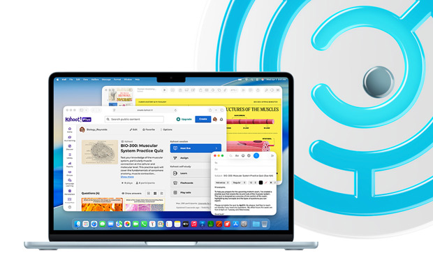 En åpen MacBook i fargen himmelblå viser undervisningsinnhold i Keynote, Mail og Safari med Kahoot!, inkludert «BIO-200 Muscular System Practice Quiz».