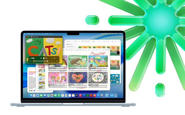MacBook i fargen himmelblå. Skjermen viser QuickTime, Notater, Keynote og Bilder for å vise muligheten til å multitaske med flere apper.