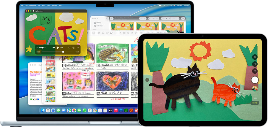 Mac en iPad met een creatieve presentatie met dieren met textuur, om de veelzijdigheid van de devices te demonstreren