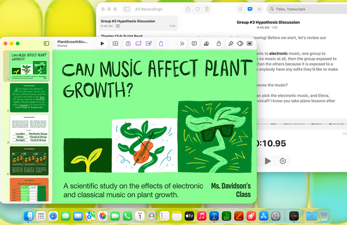 Un écran de Mac affiche une présentation Keynote intitulée « La musique a-t-elle un effet sur la croissance des plantes ? » avec une transcription de Dictaphone, mettant en évidence la polyvalence
