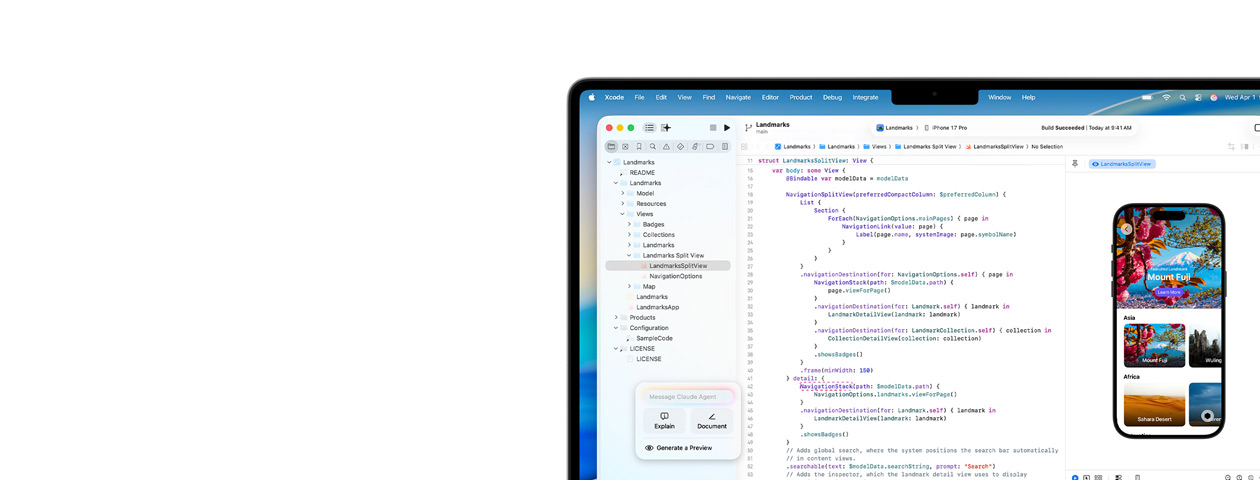 Xcode op Mac, met AI-programmeerassistent Claude Agent en een voorvertoning van een app op iPhone