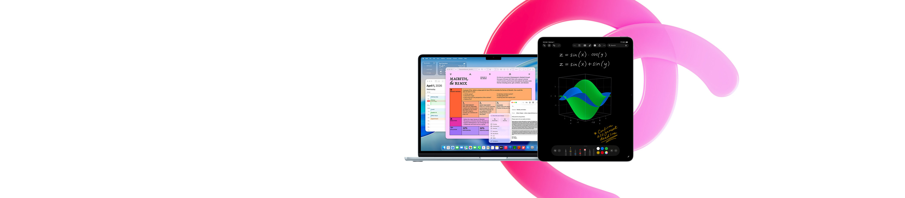 MacBook Air met Pages, Agenda, Melding en Mail naast een iPad met handgeschreven vergelijkingen in Wiskundenotities, om de productiviteit met ingebouwde apps te demonstreren