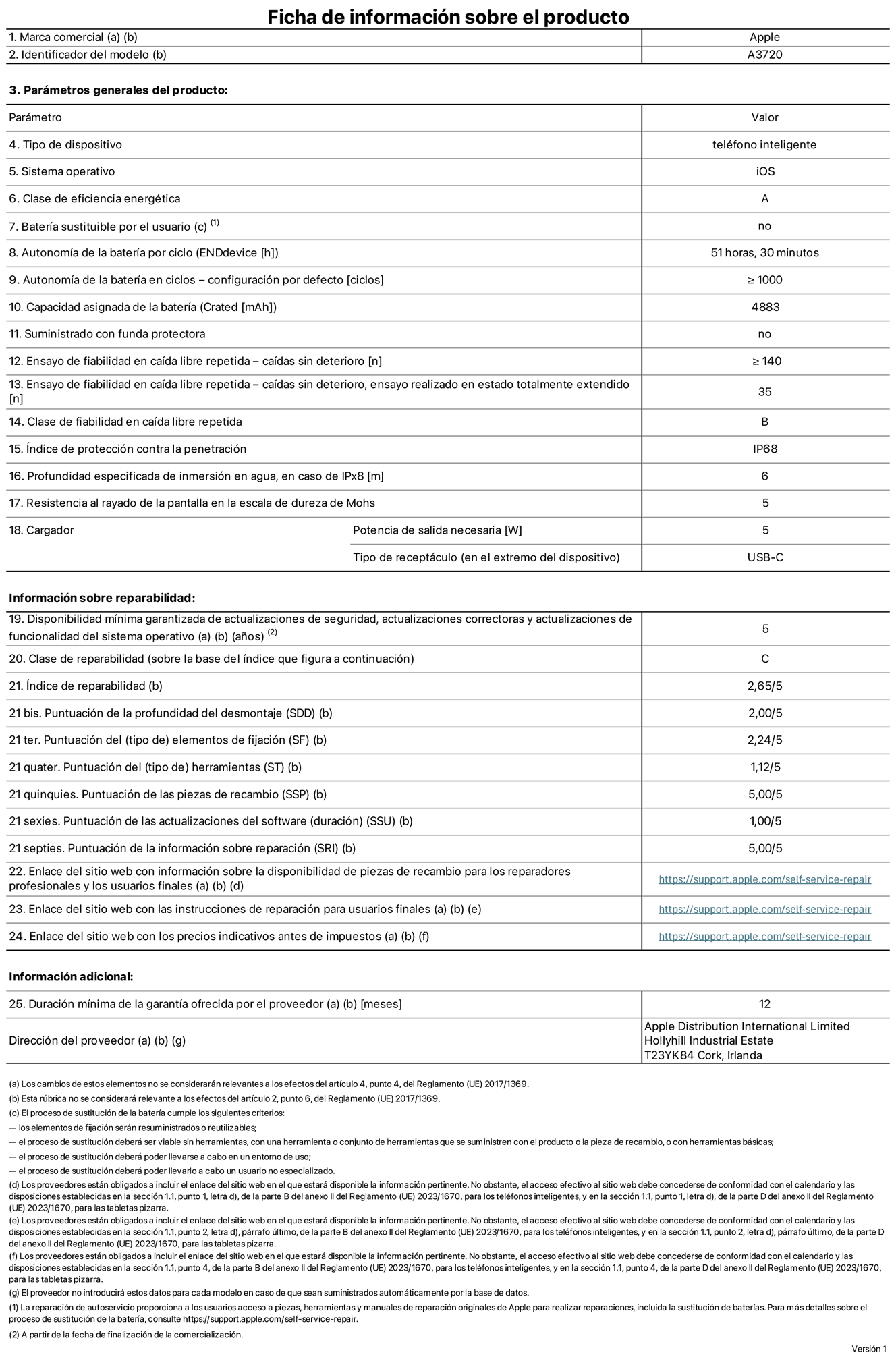 Ficha de información de producto del iPhone Duo, modelo A3720. Suministrado por Apple Distribution International Limited con sede en Hollyhill Industrial Estate, T23 YK84 Cork (Irlanda). Tipo de dispositivo: Teléfono inteligente. Sistema operativo: iOS. Clase de eficiencia energética: A. Batería sustituible por el usuario: No. Autonomía de la batería por ciclo: 51 horas y 30 minutos. Autonomía de la batería en ciclos (configuración por defecto): ≥ 1.000. Capacidad asignada de la batería: 4.883 mAh. Suministrado con funda protectora: No. Caídas sin deterioro en ensayo de fiabilidad en caída libre repetida: ≥ 140. Caídas sin deterioro en ensayo de fiabilidad en caída libre repetida realizado en estado totalmente extendido: 35. Clase de fiabilidad en caída libre repetida: B. Índice de protección contra la penetración: IP68. Profundidad especificada de inmersión en agua, en caso de iPx8 (metros): 6. Resistencia al rayado de la pantalla en la escala de dureza de Mohs: 5. Potencia de salida necesaria del cargador: 5 W. Tipo de receptáculo del cargador (en el extremo del dispositivo): USB‑C. Disponibilidad mínima garantizada de actualizaciones de seguridad, correctoras y de funcionalidad del sistema operativo: 5 años. Clase de reparabilidad: C. Índice de reparabilidad: 2,65/5. Puntuación de la profundidad del desmontaje (SDD): 2/5. Puntuación de los elementos de fijación: 2,24/5. Puntuación de las herramientas: 1,12/5. Puntuación de las piezas de recambio: 5/5. Puntuación de las actualizaciones de software: 1/5. Puntuación de la información sobre reparación: 5/5. Enlace del sitio web con información sobre la disponibilidad de piezas de recambio para reparadores profesionales y usuarios finales: https://support.apple.com/self-service-repair. Enlace del sitio web con las instrucciones de reparación para usuarios finales: https://support.apple.com/self-service-repair. Enlace del sitio web con los precios indicativos antes de impuestos: https://support.apple.com/self-service-repair. Se ofrece una garantía general de 12 meses.