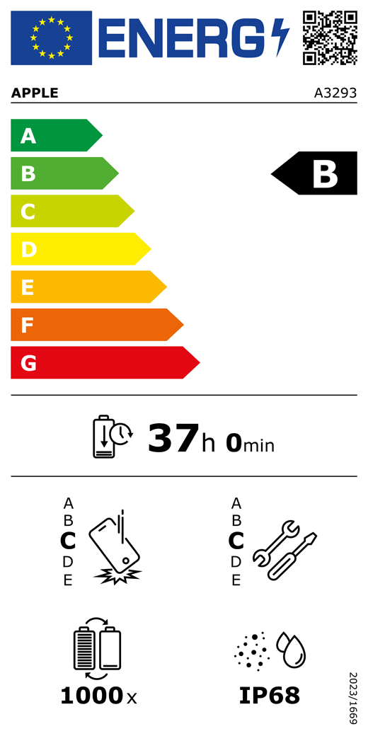 Código QR e información de la etiqueta energética de la UE, modelo A3293 de Apple, clase B, clases de eficiencia energética (con una escala de la A a la G), de la A (la más eficiente) a la G (la menos eficiente), duración de la batería por ciclo, 37 horas y 0 minutos por carga completa de la batería, fiabilidad en caídas repetidas de clase C, de la A (la más robusta) a la E (la menos robusta), reparabilidad de clase C, de la A (la más reparable) a la E (la menos reparable), 1.000 ciclos de carga de la batería, grado de protección contra la entrada de polvo y agua (IP) IP68, normativa 2023/1669.
