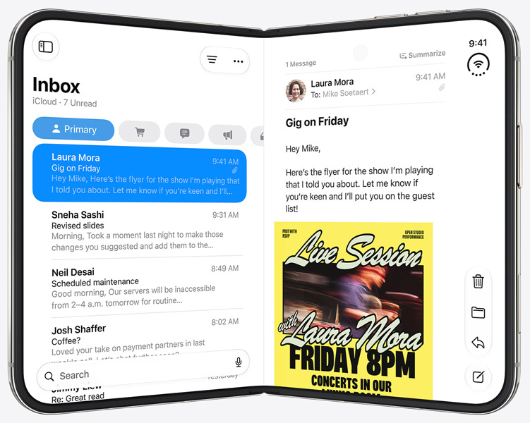 iPhone Duo stands upright in open book position, left panel shows Siri app, right panel shows the Messages app.