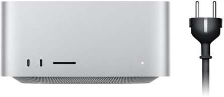 Mac Studio, forsiden, to USB-C-porter, SDXC-kortplass, statusindikatorlys, smalnet sokkel nederst, flat topp, avrundede sider, rette kanter, sølvfarget, svart strømkabel med tre poler