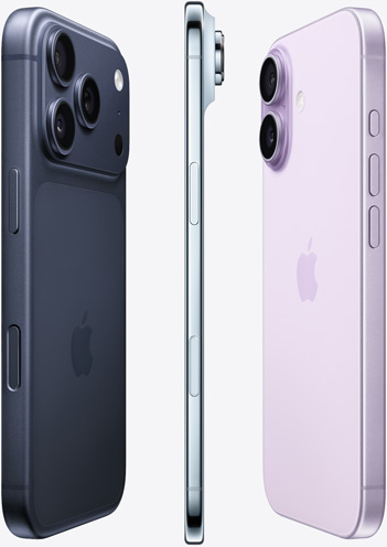 En disposición de abanico: lateral de la cámara del iPhone 17 Pro en color azul oscuro, lateral del perfil del iPhone Air en color azul cielo y lateral trasero del iPhone 17 en color lavanda.