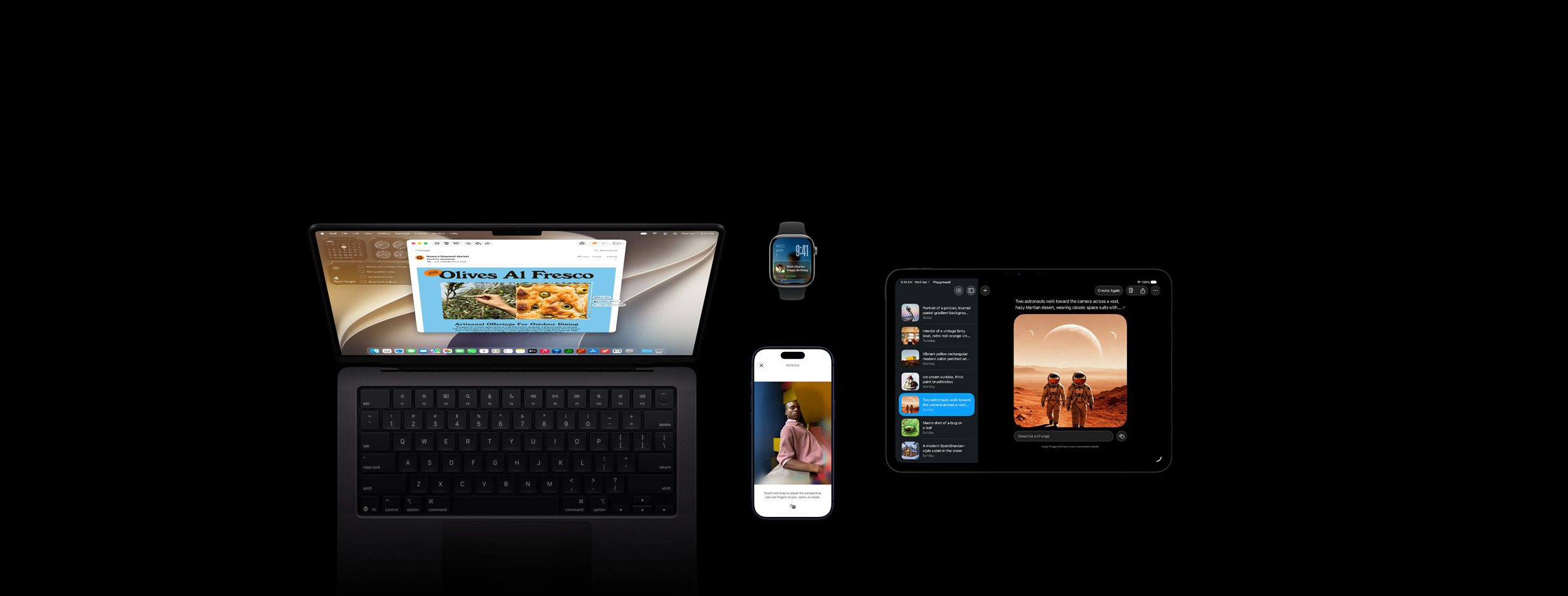 Four products, including iPhone 17 Pro, Deep Blue, showing the Reframe photo editing feature demo with an image of a person leaning on a counter, Apple Watch Series 11, 46mm Space Grey, showing date and screen lock with a birthday calendar reminder in Smart Stack, MacBook Pro 14-inch, Space Black, showing a Visual Intelligence demo featuring a screenshot of olive focaccia from an email and multiple prompts about the image, and iPad Pro 11-inch, Space Black, showing Image Playground with image of two astronauts selected from list in sidebar