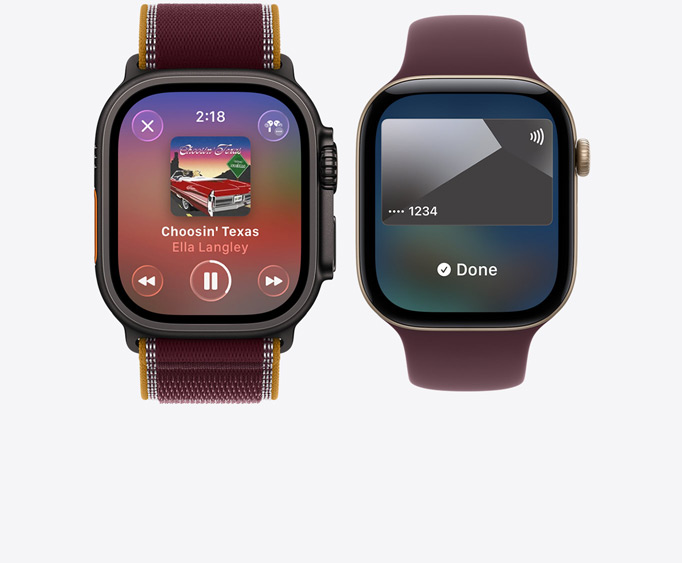 Apple Watch Ultra 4, Titangehäuse, Farbe Schwarz, Apple Music App, Bildschirm „Jetzt läuft“, Trail Loop Armband, Farbe Burgunder; Apple Watch Series 12, Aluminiumgehäuse, Farbe Lichtgold, Apple Pay Display, Apple Card, Sport Loop Armband, Farbe Burgunder