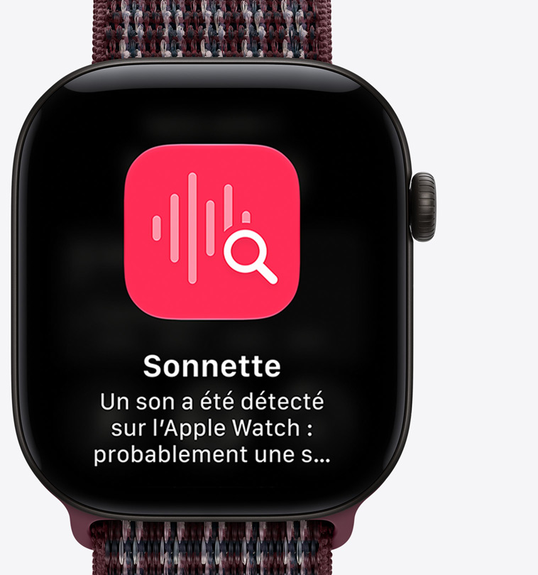 Apple Watch Series 12, boîtier en aluminium, noir, écran de conversations épinglées, bracelet Boucle Sport, couleur tartan bordeaux