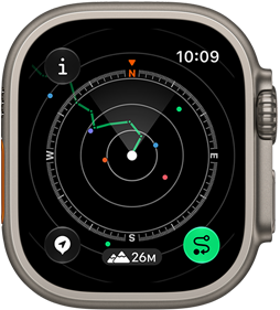 Apple Watch Ultra 4, κάσα από τιτάνιο, φυσικό χρώμα, Ιχνηλάτηση που δείχνει διαδρομή με οδηγίες πυξίδας, δεξιά εξωτερική πλαϊνή όψη, Digital Crown, υπερυψωμένο πλευρικό κουμπί