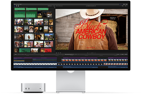 Mac mini συνδεδεμένο με Studio Display, η οθόνη εμφανίζει τη σελίδα τίτλων μιας ταινίας με τίτλο «Black American Cowboy» στα δεξιά, και διάφορα καρέ της ταινίας στα αριστερά